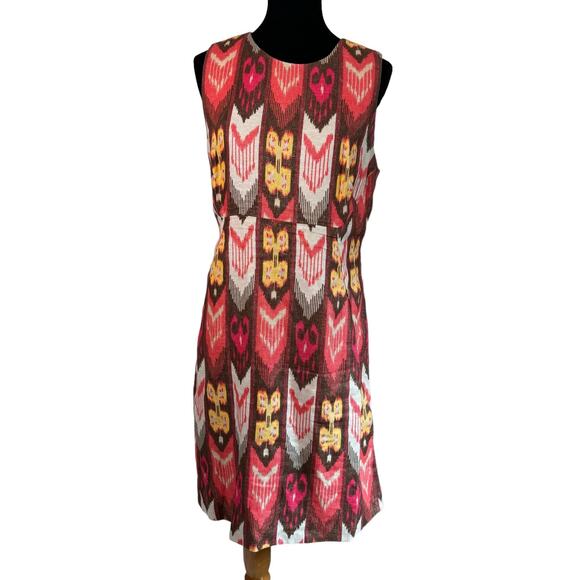 Tory Burch Linen Ikat Print Dress Size 12 Sheath Sleeveless Metallic Thread - Picture 2 of 9